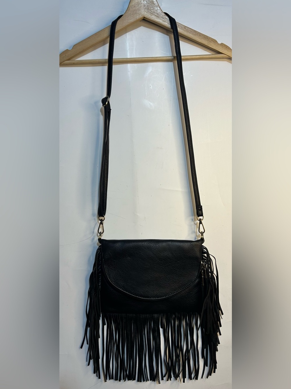 Vegan Leather Black Fringe Shoulder Crossbody Purse